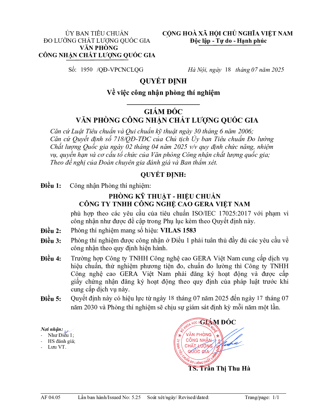 Gera Vietnam’s Technical – Calibration Department Achieves ISO/IEC 17025:2017 Accreditation